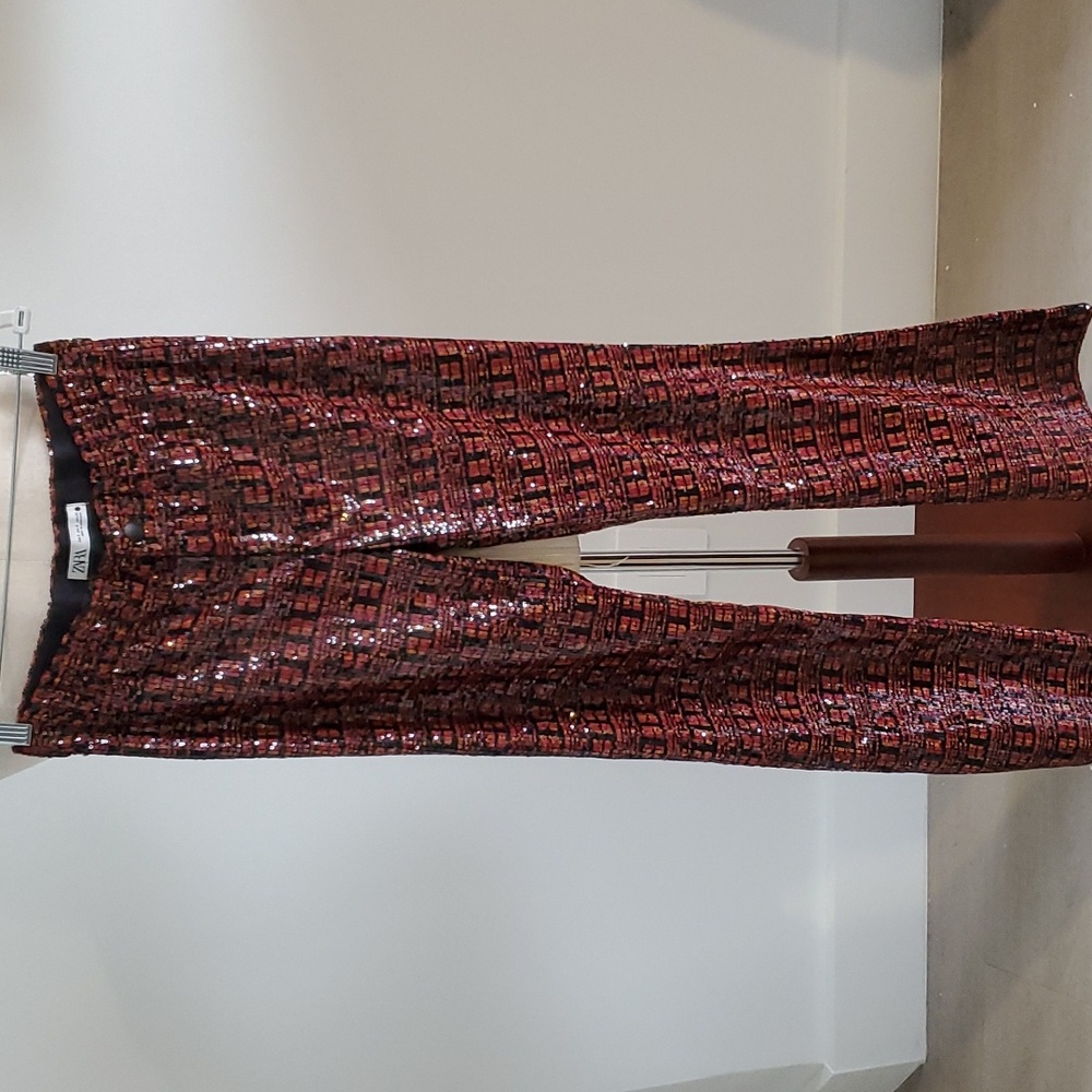 Zara sequin pants elastic waist with snap closure size S black & burgundy nwot